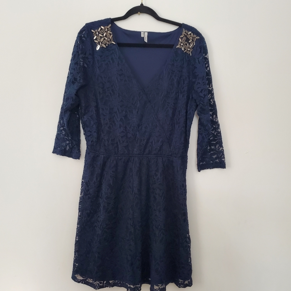 Studio Y Navy Lace Dress with Embellished Shoulders Size XL